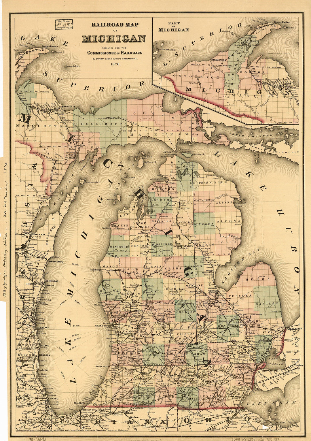 Railroad Map of Michigan, 1876