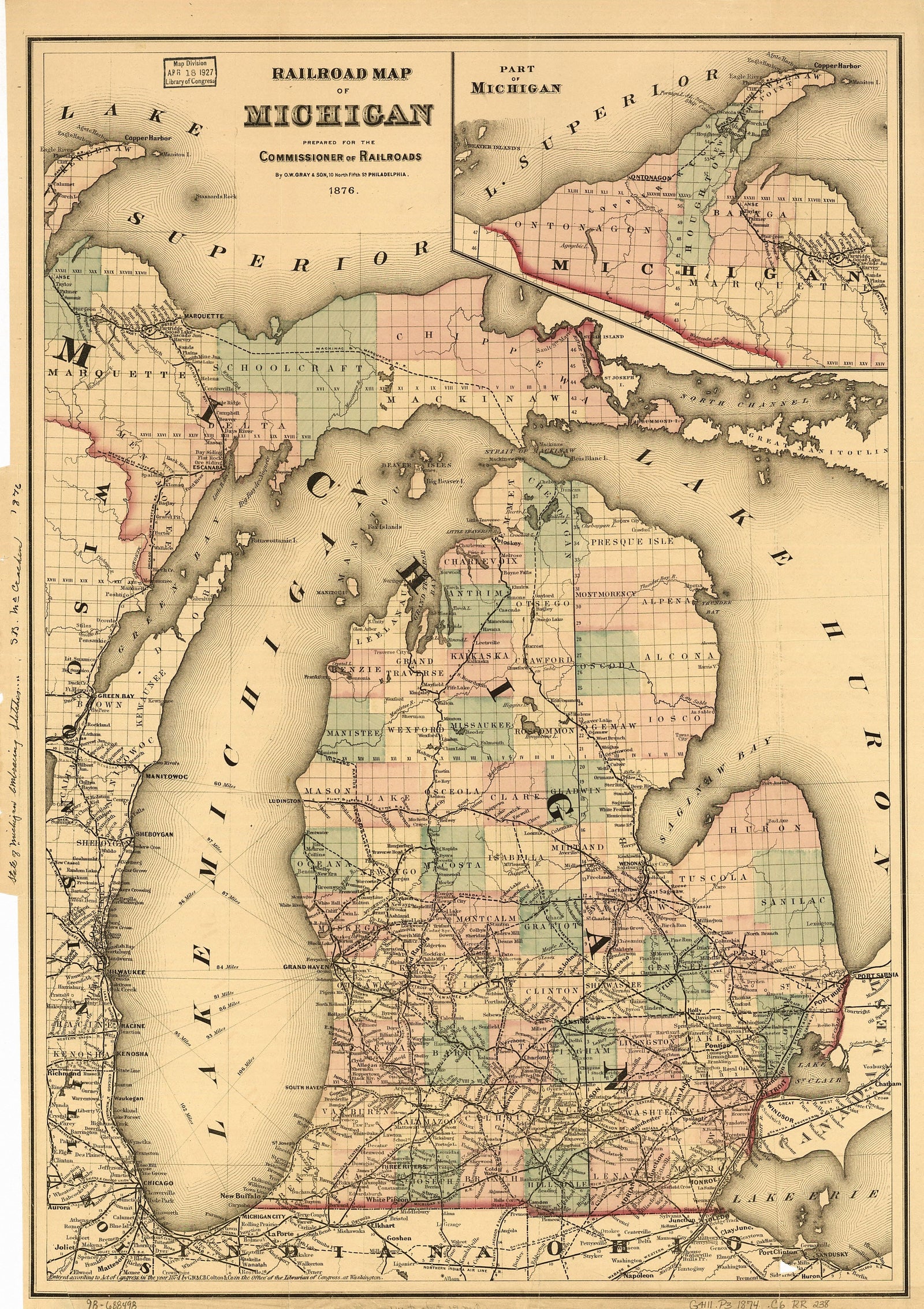 Railroad Map of Michigan, 1876