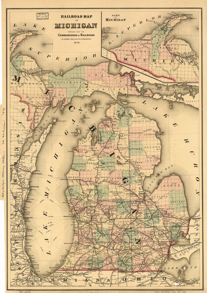 Railroad Map of Michigan, 1876