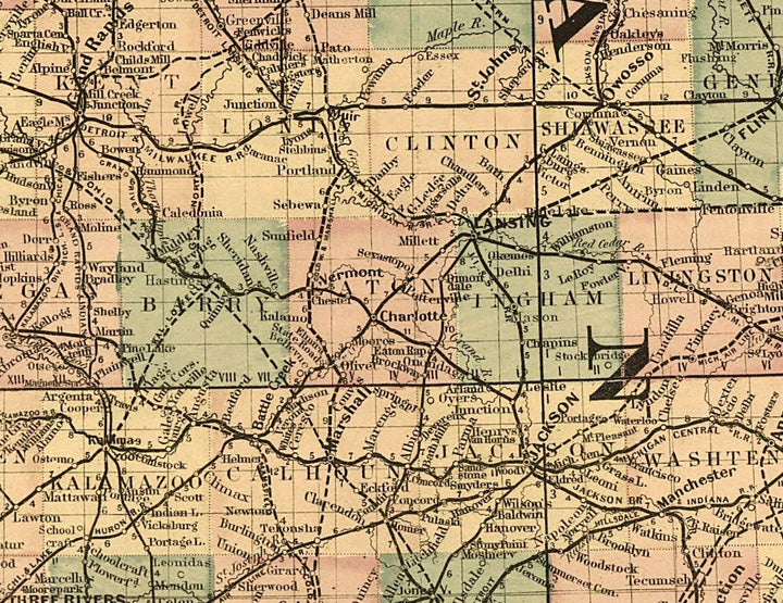 Railroad Map of Michigan, 1876