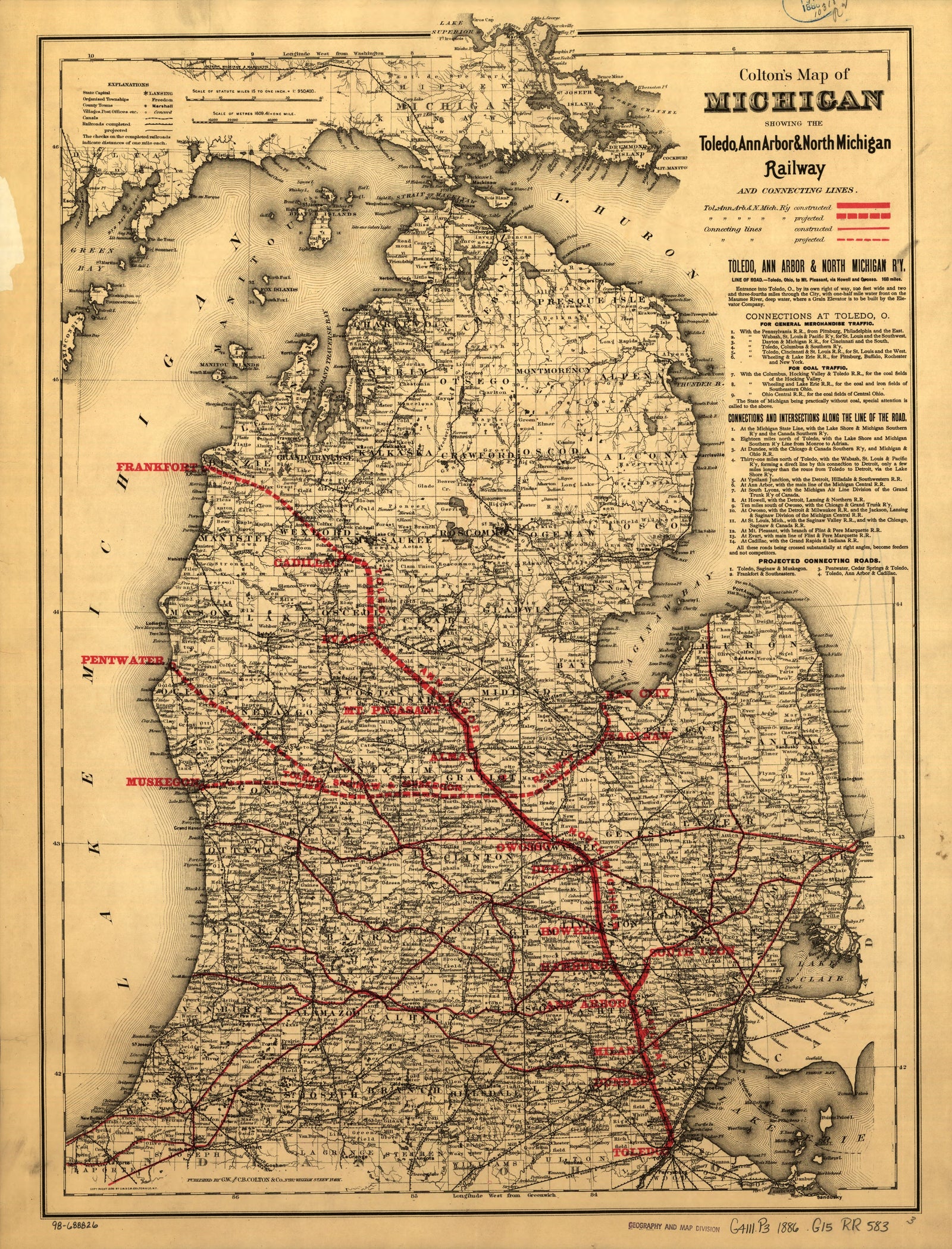 Map of Michigan Showing the Toledo, Ann Arbor, & North Michigan Railway, 1886