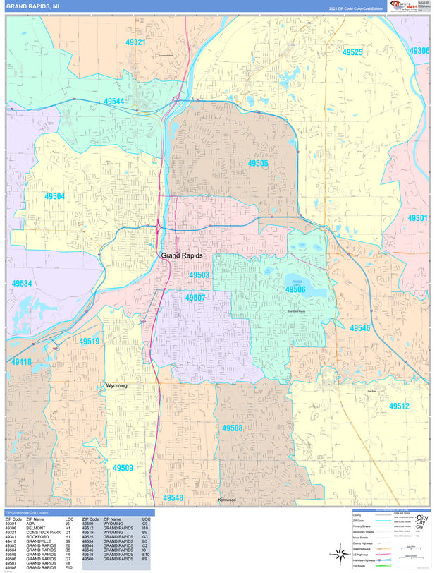 Colorcast Zip Code Style Wall Map of Grand Rapids, MI. by Market Maps