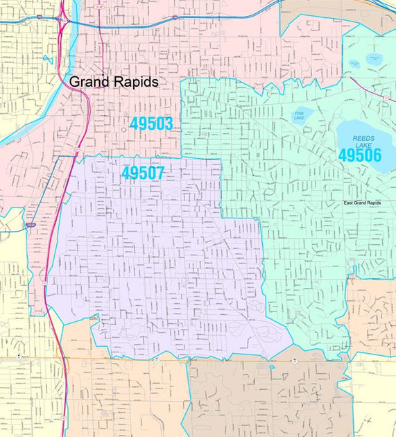 Colorcast Zip Code Style Wall Map of Grand Rapids, MI. by Market Maps ...
