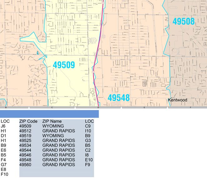 Colorcast Zip Code Style Wall Map of Grand Rapids, MI. by