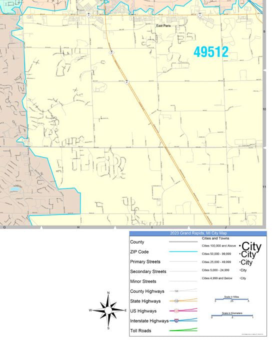 Colorcast Zip Code Style Wall Map of Grand Rapids, MI. by Market Maps