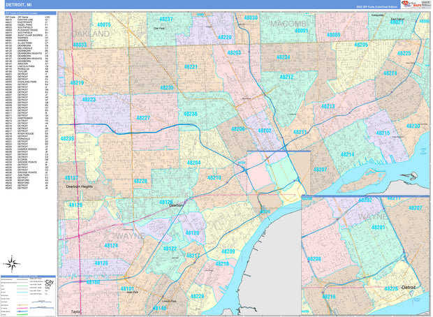 Colorcast Zip Code Style Wall Map of Detroit, MI. by Market Maps