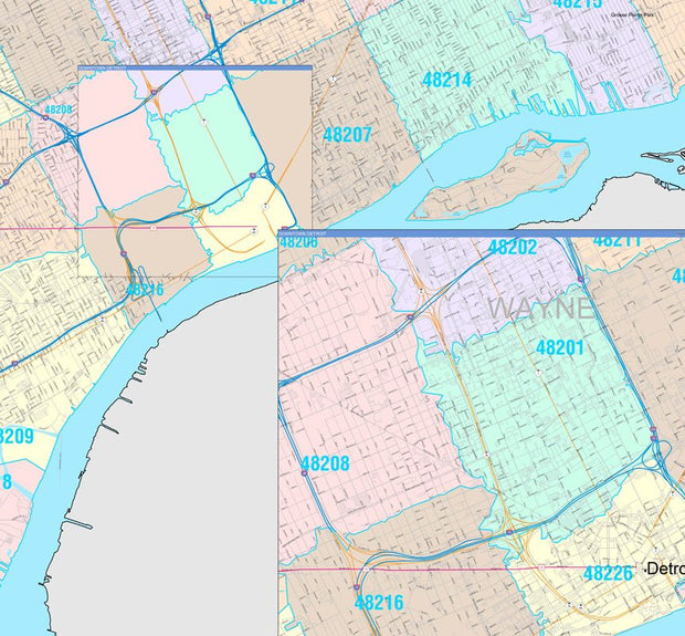 Colorcast Zip Code Style Wall Map of Detroit, MI. by Market Maps ...