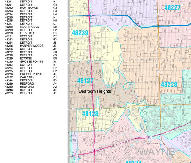 Colorcast Zip Code Style Wall Map of Detroit, MI. by Market Maps