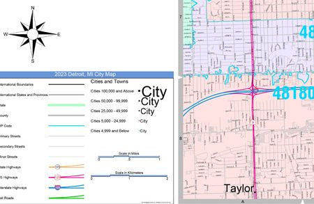 Colorcast Zip Code Style Wall Map of Detroit, MI. by Market Maps