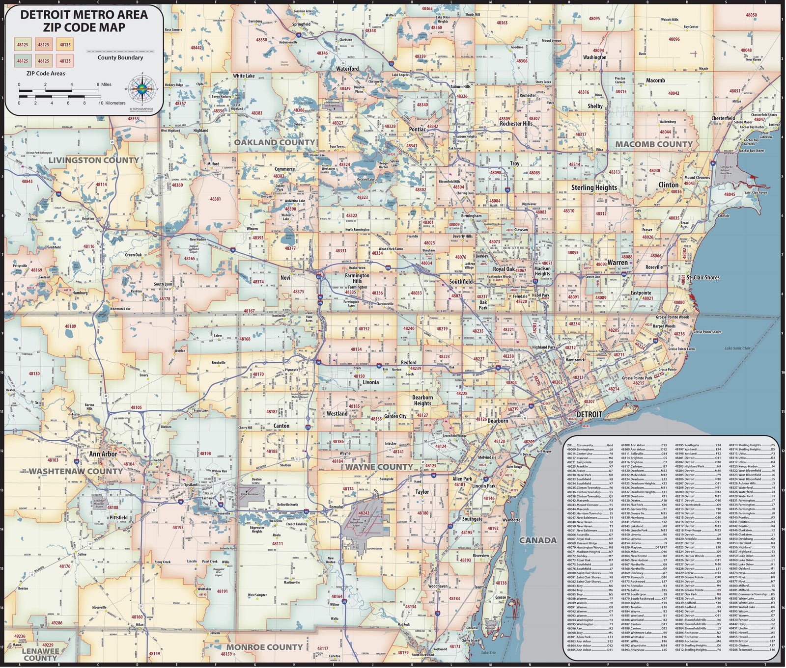 Detroit Metro Area Zip Code Wall Map