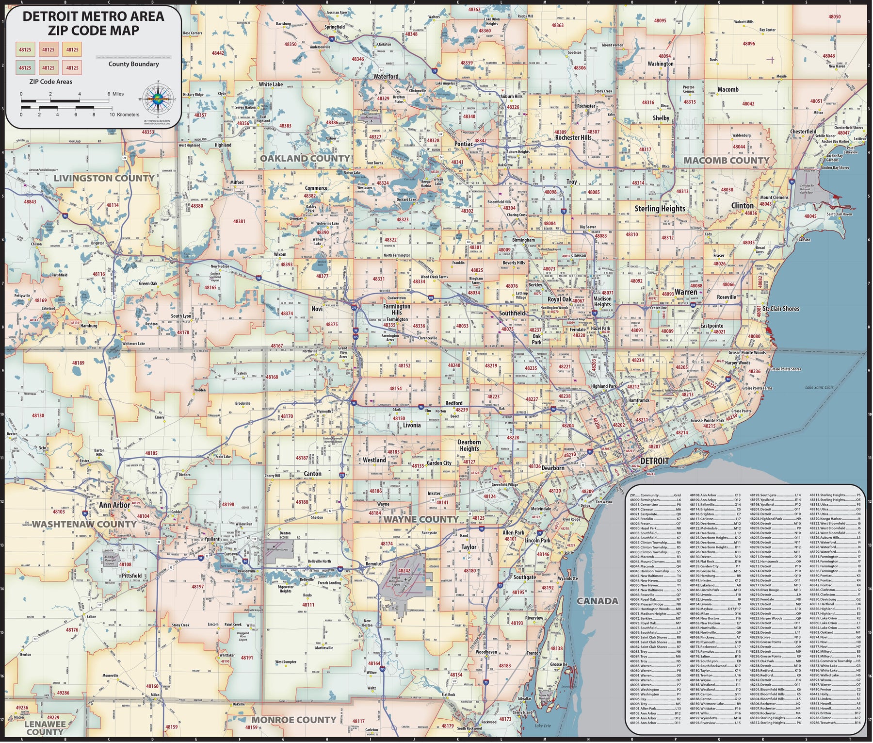 Detroit Area Code Map Detroit Metro Area Zip Code Wall Map – American Map Store