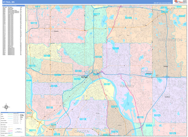 Colorcast Zip Code Style Wall Map of St. Paul, MN. by Market Maps ...