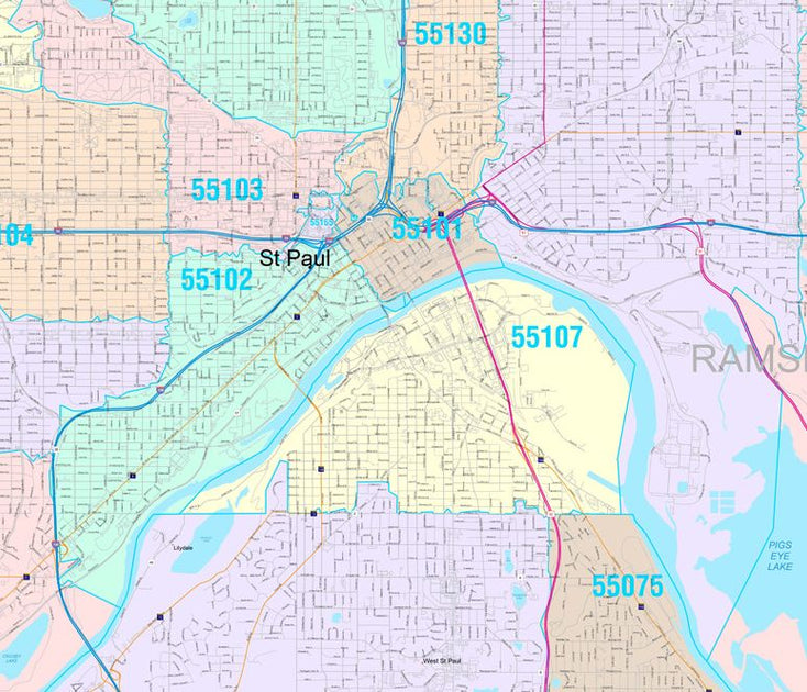 Colorcast Zip Code Style Wall Map of St. Paul, MN. by Market Maps ...