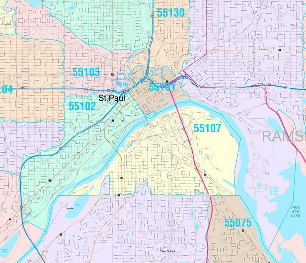 Colorcast Zip Code Style Wall Map of St. Paul, MN. by Market Maps