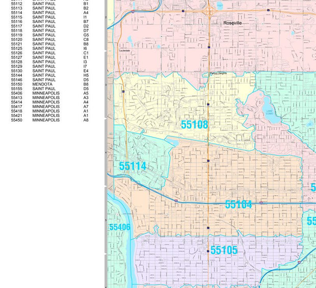 Colorcast Zip Code Style Wall Map of St. Paul, MN. by Market Maps