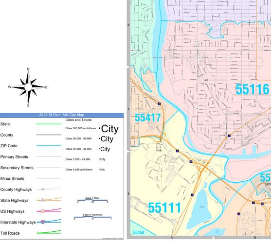 Colorcast Zip Code Style Wall Map of St. Paul, MN. by Market Maps