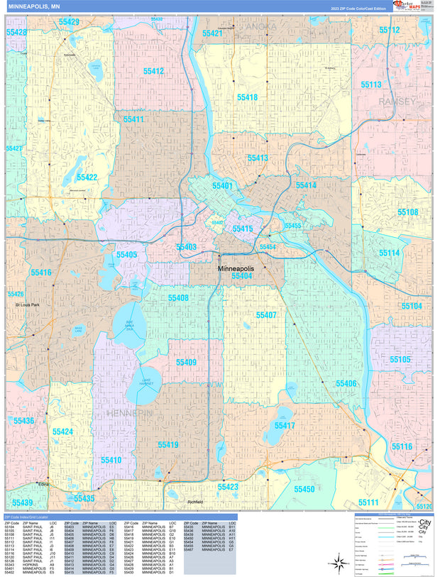 Colorcast Zip Code Style Wall Map of Minneapolis, MN. by Market Maps