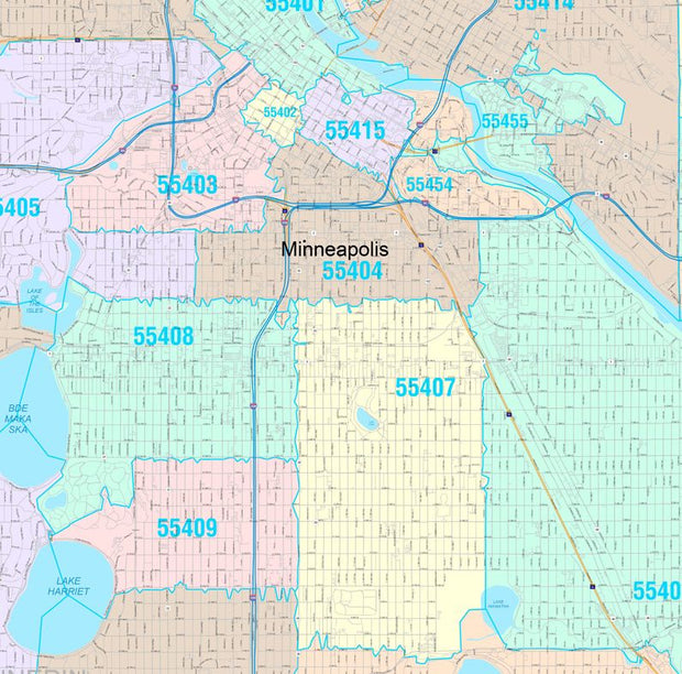 Colorcast Zip Code Style Wall Map of Minneapolis, MN. by Market Maps