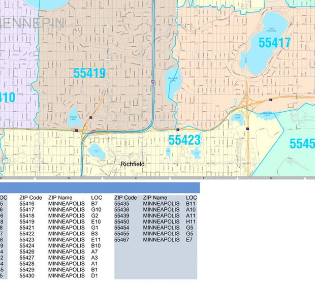 Colorcast Zip Code Style Wall Map of Minneapolis, MN. by Market Maps