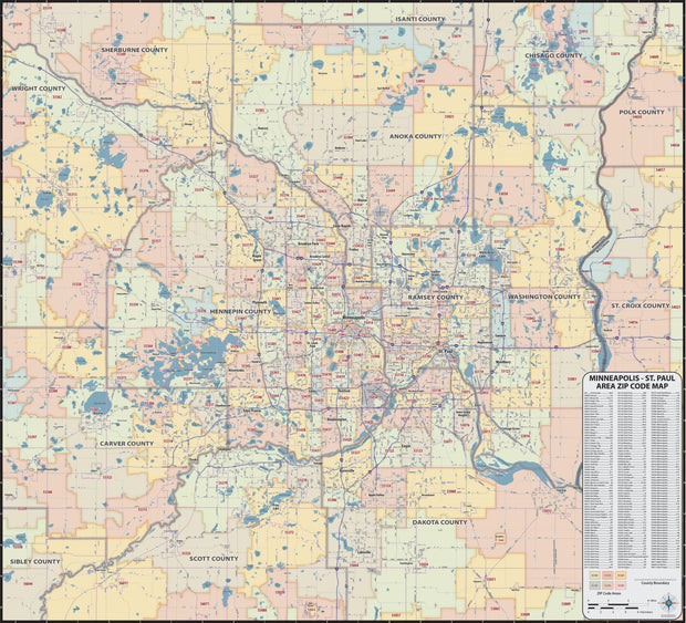 Minneapolis - St Paul Area Zip Code Map