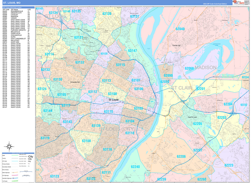 Colorcast Zip Code Style Wall Map of St. Louis, MO. by Market Maps ...