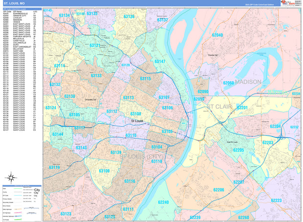 Colorcast Zip Code Style Wall Map of St. Louis, MO. by Market Maps