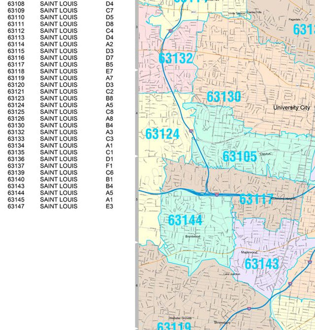 Colorcast Zip Code Style Wall Map of St. Louis, MO. by Market Maps