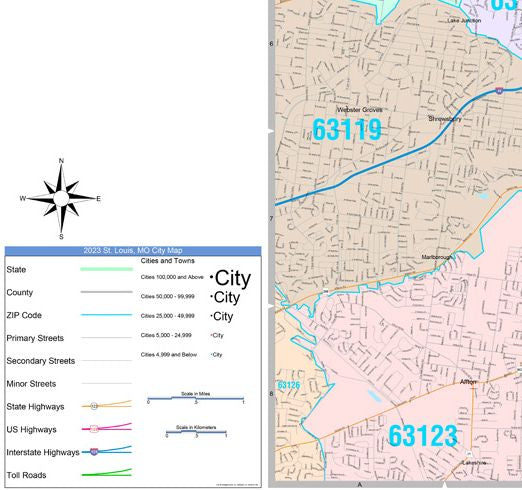 Colorcast Zip Code Style Wall Map of St. Louis, MO. by Market Maps