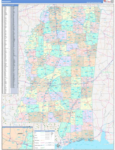Color Cast Style Wall Map of Mississippi