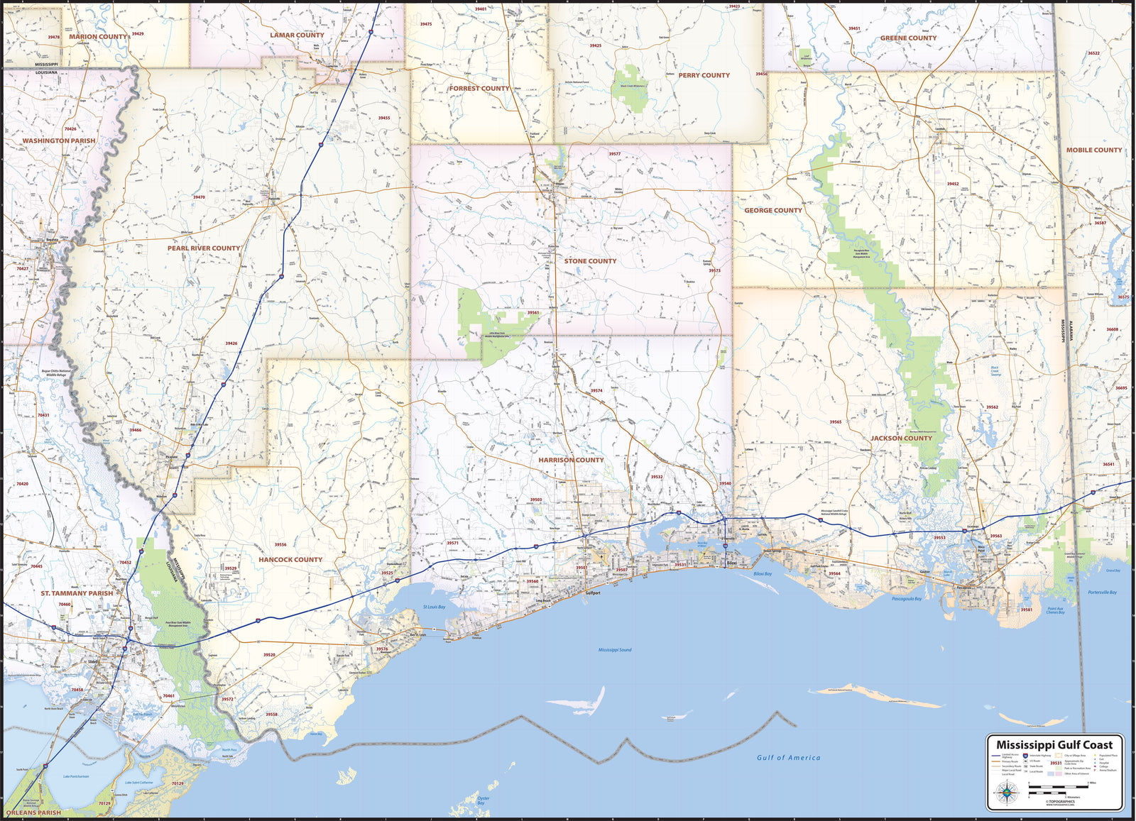 Mississippi Gulf Coast Area Wall Map