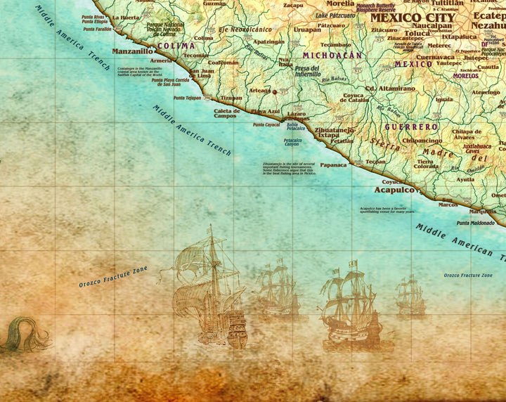 Antique Style Wall Map of Mexico
