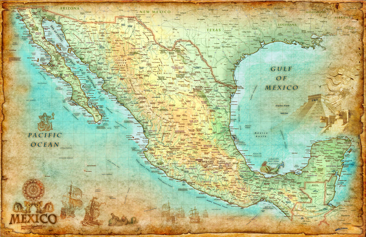 Antique Style Wall Map of Mexico