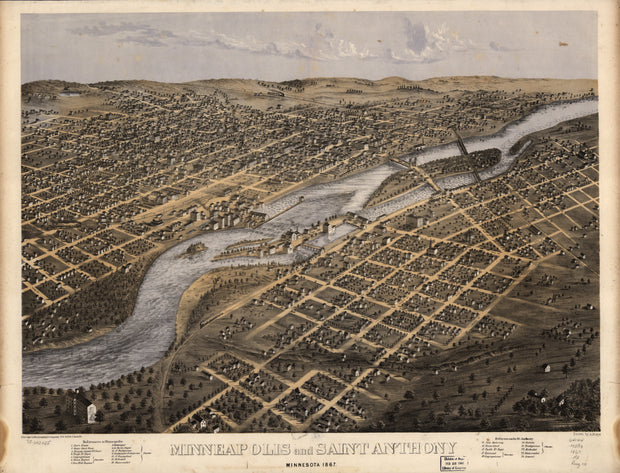 Bird's Eye View of Minneapolis and Saint Anthony, Minnesota, 1867