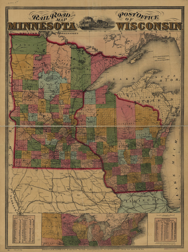 Railroad and Post Office Map of Minnesota and Wisconsin, 1871