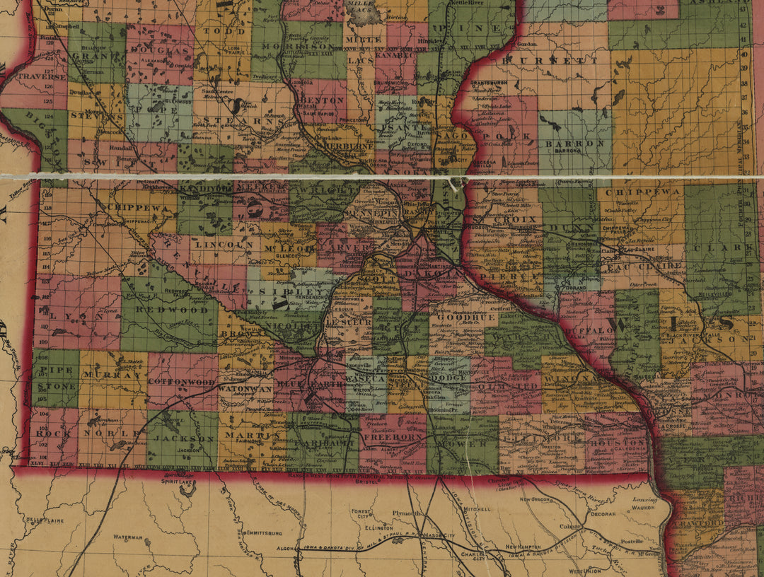 Railroad and Post Office Map of Minnesota and Wisconsin, 1871