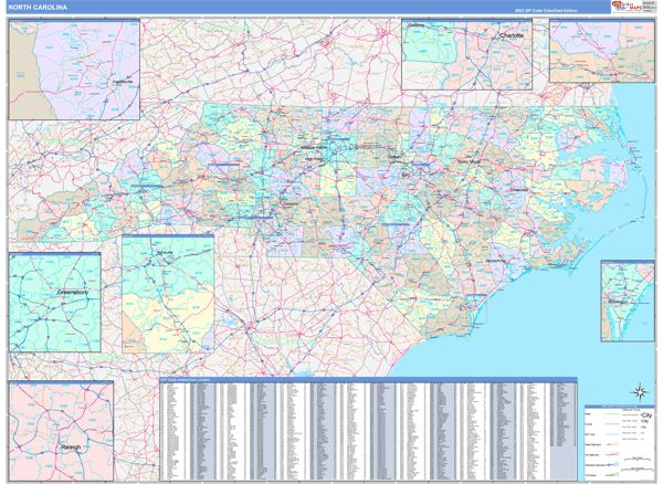 Color Cast Style Wall Map of North Carolina by Market Maps