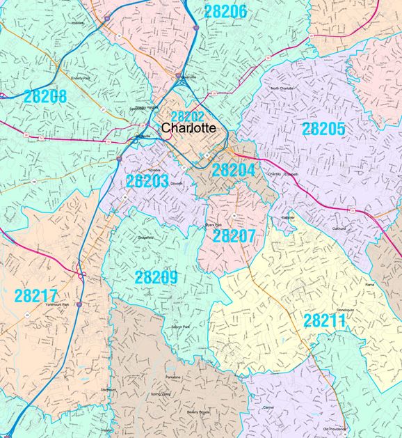 Color Cast Zip Code Style Wall Map of Charlotte, NC  by Market Maps