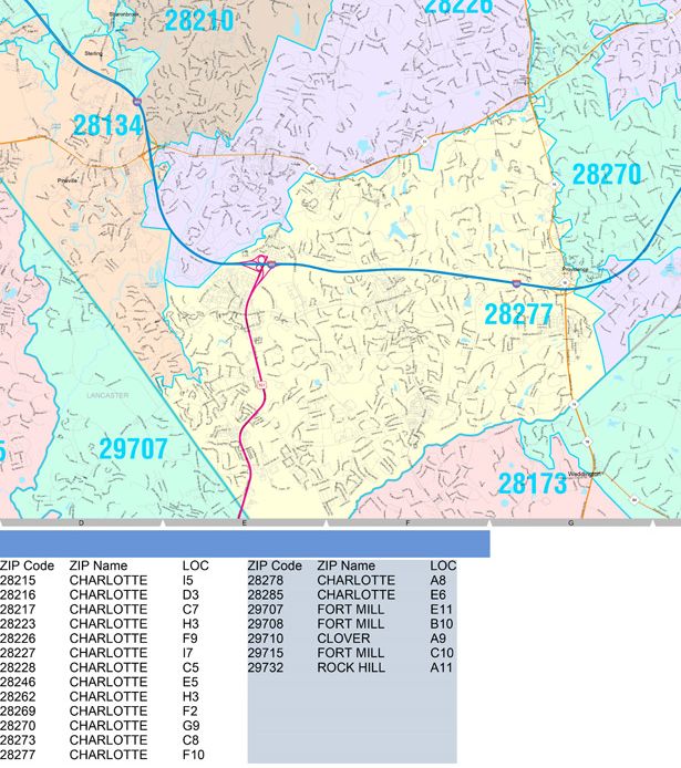 Color Cast Zip Code Style Wall Map of Charlotte, NC  by Market Maps