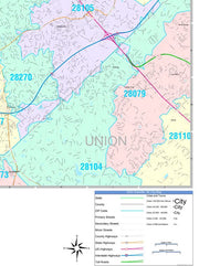 Color Cast Zip Code Style Wall Map of Charlotte, NC  by Market Maps