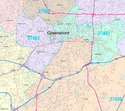 Color Cast Zip Code Style Wall Map of Greensboro, NC by Market Maps