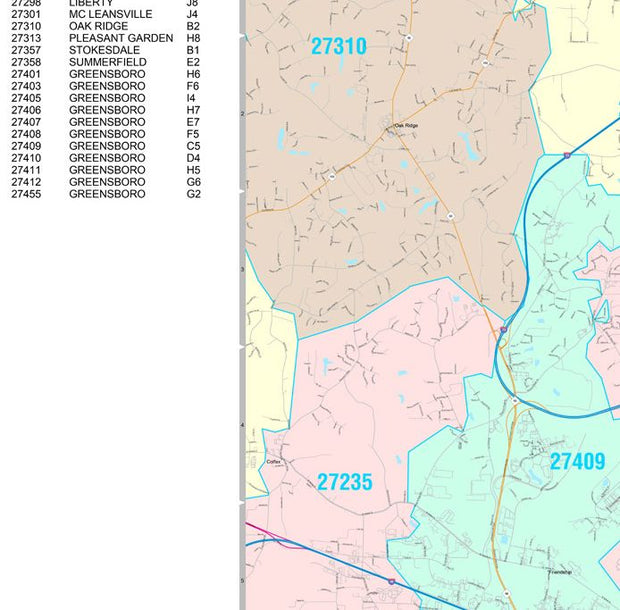 Color Cast Zip Code Style Wall Map of Greensboro, NC by Market Maps