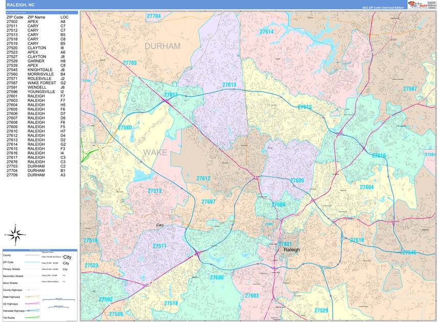 27617 Zip Code Map Color Cast Zip Code Style Wall Map of Raleigh, NC by Market Maps ...