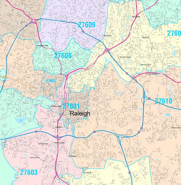 Color Cast Zip Code Style Wall Map of Raleigh, NC by Market Maps