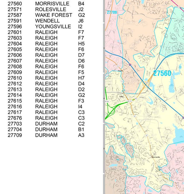 Color Cast Zip Code Style Wall Map of Raleigh, NC by Market Maps