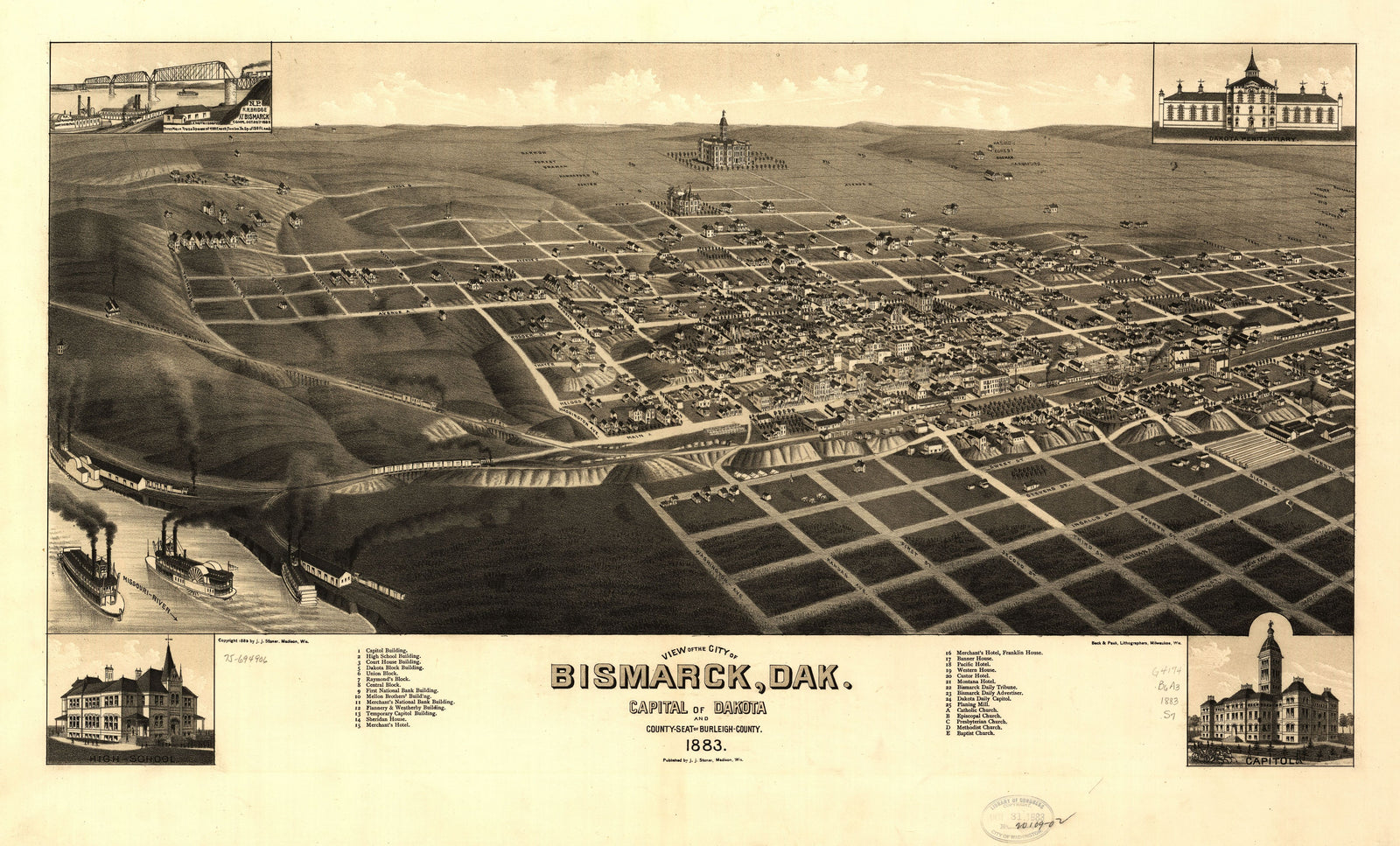 Bird's Eye View of Bismarck, ND - 1883