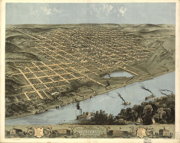 Bird's Eye View of Omaha, NE, 1868