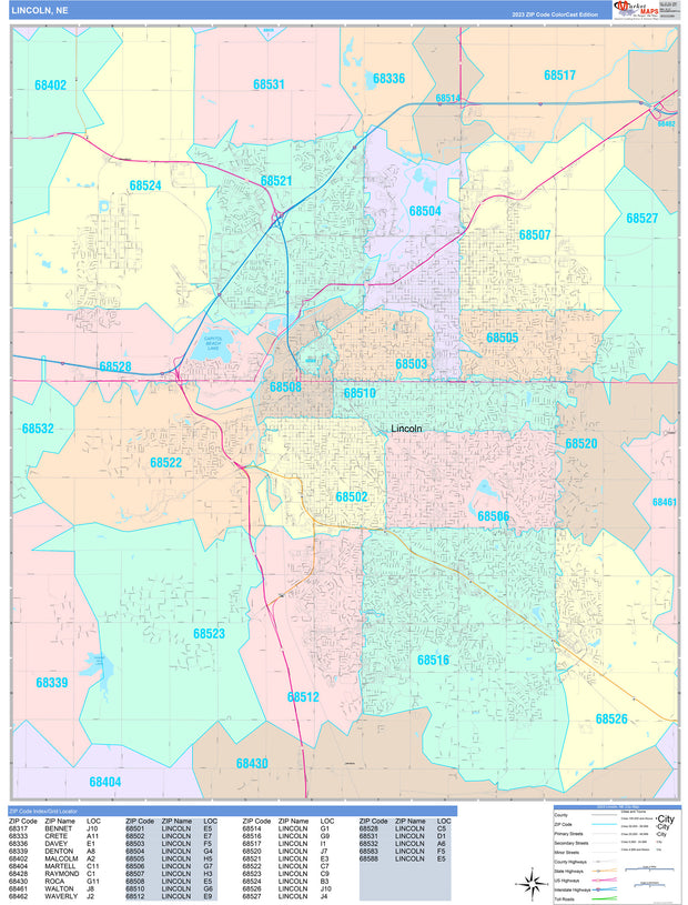 Colorcast Zip Code Style Wall Map of Lincoln, NE by Market Maps