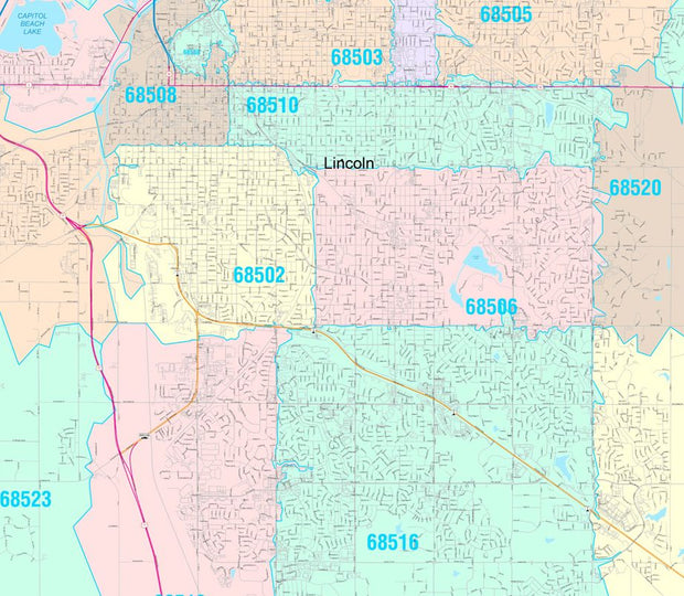 Colorcast Zip Code Style Wall Map of Lincoln, NE by Market Maps