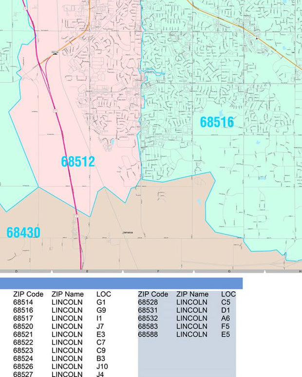 Colorcast Zip Code Style Wall Map of Lincoln, NE by Market Maps