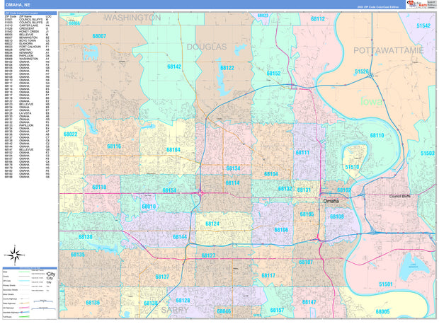 Colorcast Zip Code Style Wall Map of Omaha, NE by Market Maps